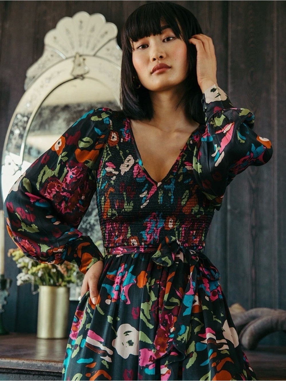 Cleobella Juliette Satin Garden Floral balloon Sleeve Romantic Midi Dress L - Picture 3 of 11